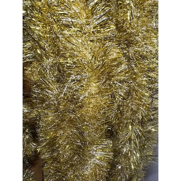 100’ FT Vintage 2” Thick Fluffy Garland Tinsel Gold White Metallic Victorian - Picture 3 of 5